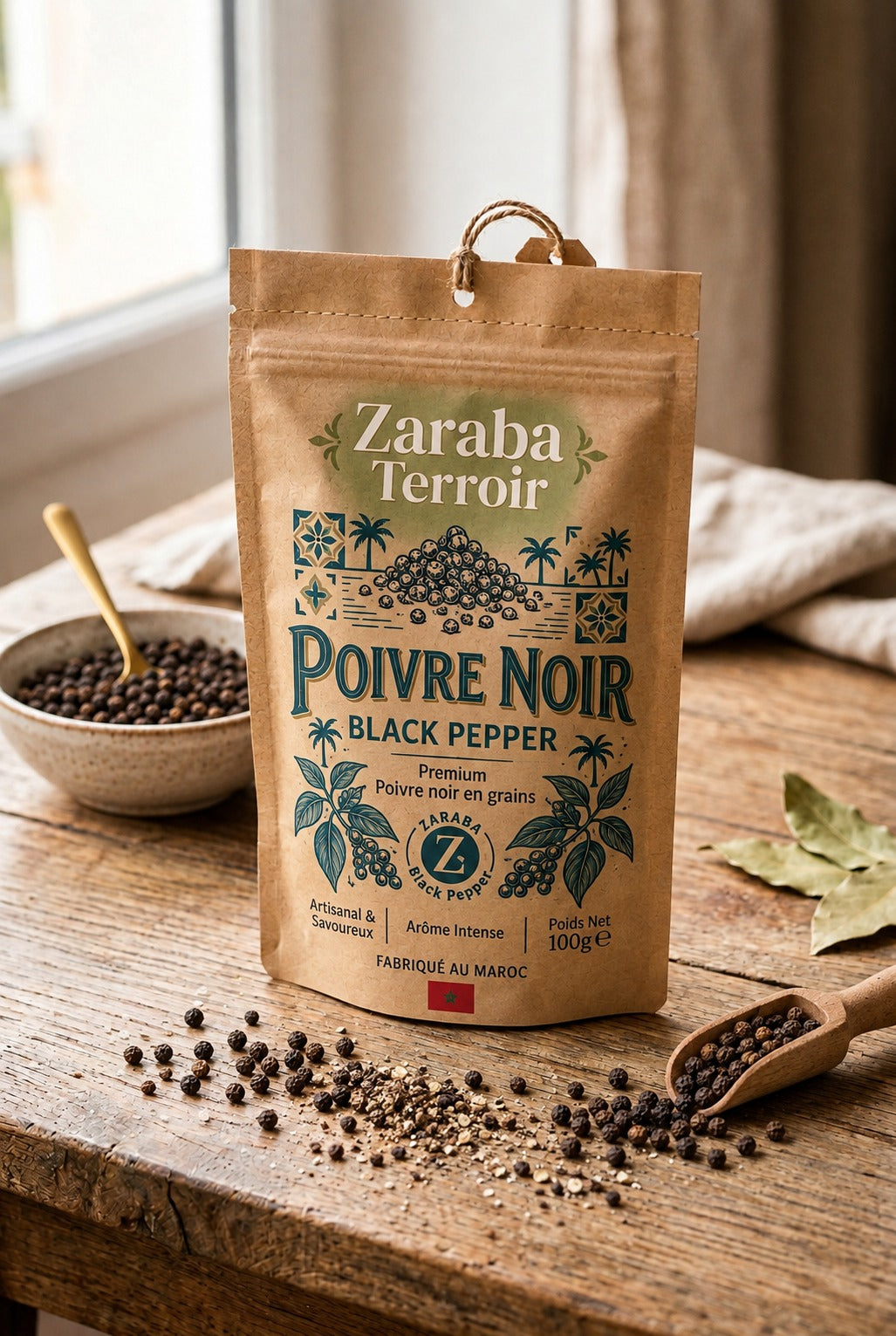 Zaraba Terroir premium whole black peppercorns in a kraft pouch